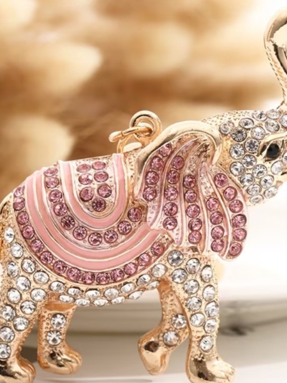 Gold/Pink Elephant Rhinestone Pendant Necklace Encrusted W/ Crystal Accents 3"